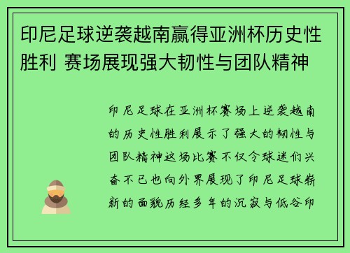 印尼足球逆袭越南赢得亚洲杯历史性胜利 赛场展现强大韧性与团队精神 印尼足球逆袭越南赢得亚洲杯历史性胜利 赛场展现强大韧性与团队精神