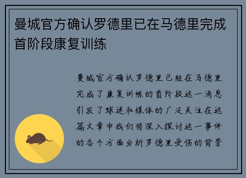 曼城官方确认罗德里已在马德里完成首阶段康复训练 曼城官方确认罗德里已在马德里完成首阶段康复训练