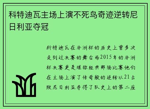 科特迪瓦主场上演不死鸟奇迹逆转尼日利亚夺冠
